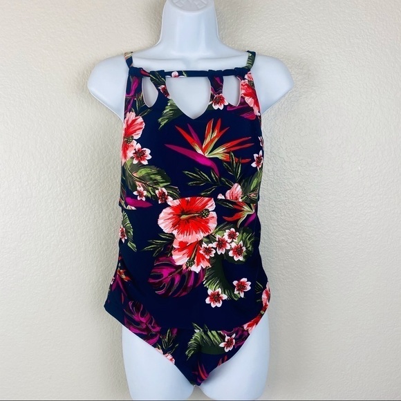 Kona Sol Hawaiian Floral Cut Out Neckline Swim Suit Size 16W - Picture 1 of 8